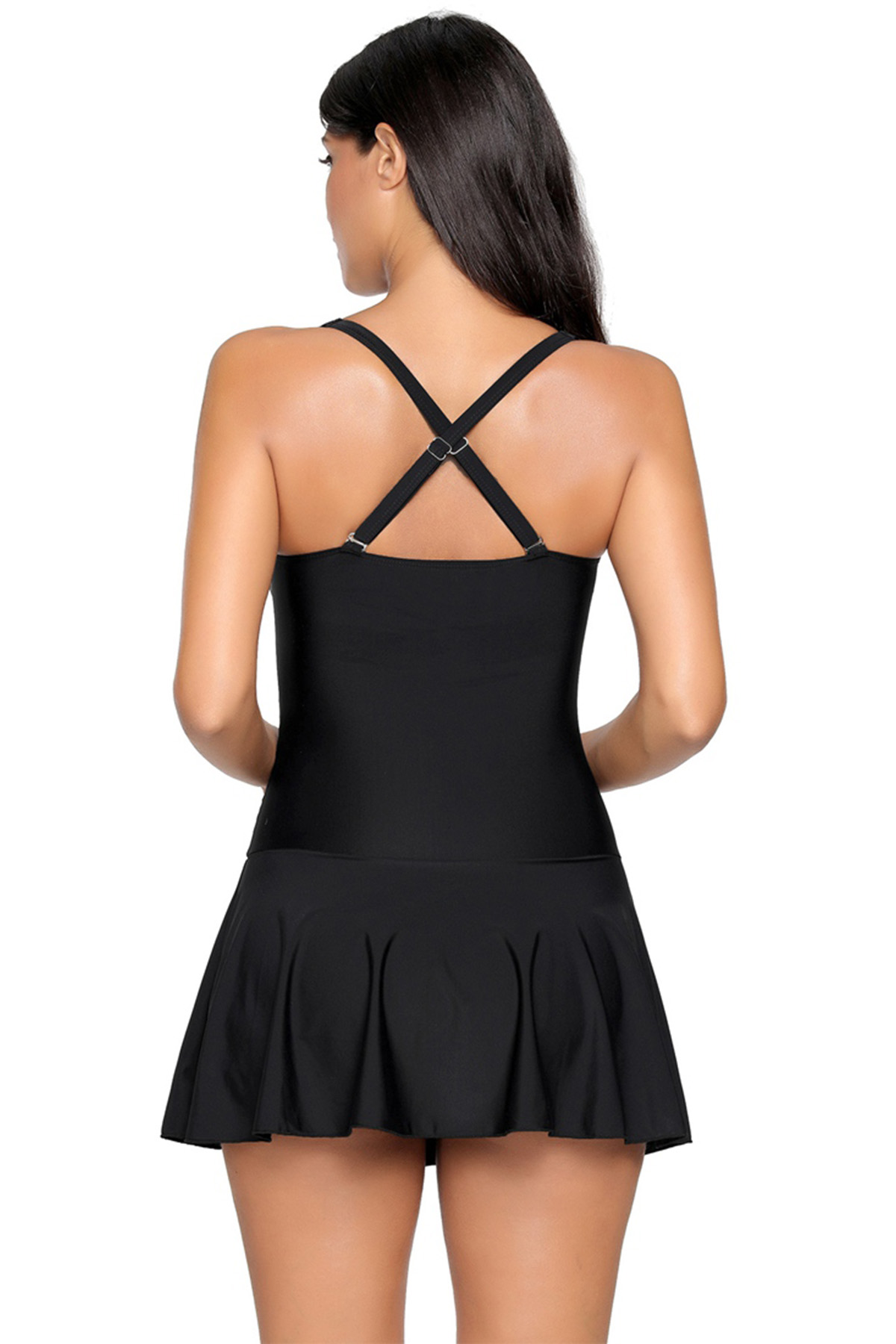 BY410809-2 SOLID BLACK SWIMDRESS WITH ATTACHED SHORTS